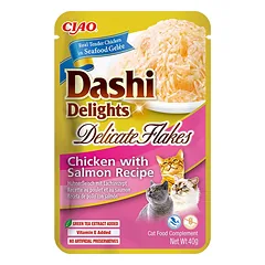Ciao Dashi Delights katėms, vištienos ir lašišos juostelės sultinyje