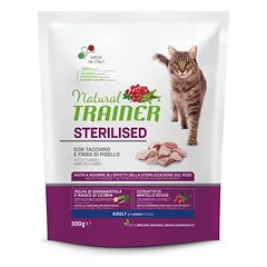 Natural Trainer Cat Sterilised Turkey sausas maistas suaugusioms sterilizuotoms katėms su kalakutiena, 300 g