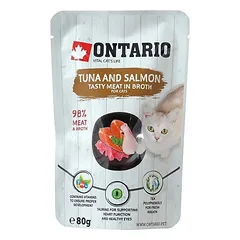 Ontario Pouch Tuna And Salmon In Broth visavertis šlapias maistas katėms ir kačiukams nuo 4 mėn. su tunu ir lašiša sultinyje, 80 g