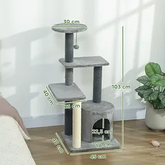 Draskyklė 103 cm su nameliu, platformomis, sizalio stulpais ir pliušiniu žaislu, katėms iki 5 kg, pilka — 3 nuotrauka