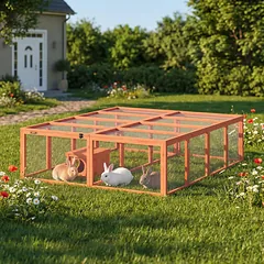Medinis triušių aptvaras su nameliu, 2–4 nykštukiniams triušiams, 180,4 x 150 x 48 cm, oranžinis — 2 nuotrauka