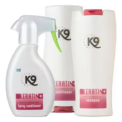 K9 Keratin+ Drėkinamasis Rinkinys - keratinu praturtintas priežiūros rinkinys, skirtas drėkinti ir atgaivinti šunų ir kačių kailį.