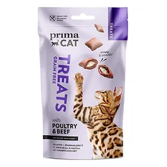 PrimaCat Treats Crunchy Skin & Coat traškūs skanėstai katėms, su naminių paukščių ir jautienos mėsa, 40 g nuotrauka
