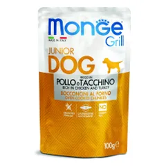 Monge Grill Puppy & Junior Pouches drėgnas maistas šuniukams su vištiena ir kalakutiena, 100 g