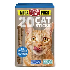 Perfecto Cat Mega Pack lazdelės su lašiša ir upėtakiu skanėstai katėms, 20 vnt.