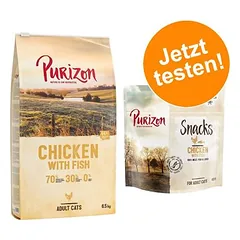 Purizon begrūdis kombinuotas rinkinys katėms: 6,5 kg sauso maisto + 3 x 40 g skanėstų