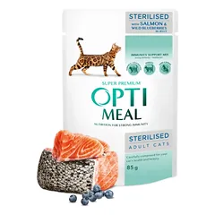 Optimeal™ Visavertis konservuotas pašaras sterilizuotoms katėms ir kastruotiems katinams su lašiša ir mėlynėmis drebučiuose 0,85g.