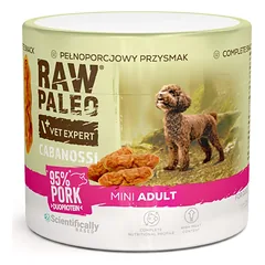 RAW PALEO Cabanossi Pork Mini 100g kiauliena, pusiau drėgna visavertė maisto produktas formoje dešrelių šunims