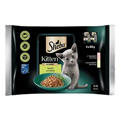 SHEBA Kitten Skonių pasirinkimas 5x4x85 g drėgno visaverčio kačiukų ėdalo padažo gabalėliais su: lašiša, vištiena
