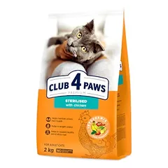 CLUB 4 PAWS PREMIUM „STERILIZUOTI”. PILNAVERTIS SAUSAS MAISTAS SUAUGUSIOMS STERILIZUOTOMS KATĖMS 300g. – 14kg.