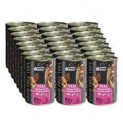 Super Beno GRAIN-FREE šunų skanėstai su veršiena, vištienos kepenėlėmis ir vištienos širdelėmis padaže, 24x415 g