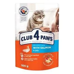 CLUB 4 PAWS Premium visavertis konservuotas maistas suaugusioms katėms su lašiša drebučiuose 80gx24vnt.