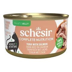Schesir konservuotas maistas katėms su tunu ir lašiša, želėje, 85g