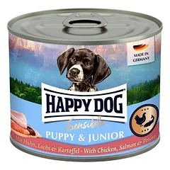 HAPPY DOG Sensible Puppy Junior Vištiena, lašiša ir bulvės – 200 g drėgnas maistas šuniukams ir jauniems šunims