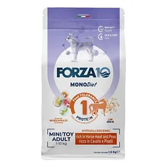 Forza10 Mini & Toy DIET Low Grain begrūdis sausas maistas mažiems šunims su arkliena mėsa ir žirniais, 1,5 kg