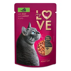 Pilnavertis konservuotas pašaras suaugusioms katėms su jautiena ir morkomis drebučiuose MY LOVE 85g x 24
