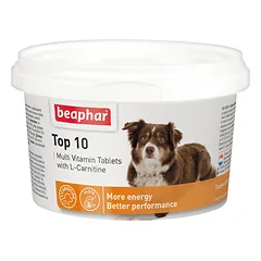 Beaphar Top 10 vitaminizuotas papildas šunims su vitaminais, mineralais ir L-karnitinu, 180 vnt.