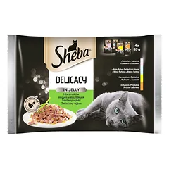 SHEBA paketėlis 4x85g Fine Flakes in Jelly - drėgnas kačių ėdalas želė (su balta žuvimi, su lašiša, su kalakutiena, su vištiena)