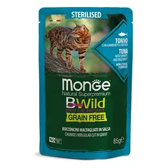 Monge BWild kons. pašaras sterilizuotoms katėms su tunu, krevetėmis ir daržovėmis padaže 85g