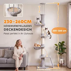 Draskyklė iki lubų 230–260 cm, 5 lygių, su 3 storais sizalio stulpais ir hamaku, katei iki 5 kg, šviesiai pilka — 5 nuotrauka