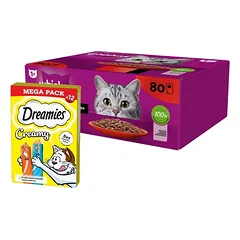 WHISKAS Adult paketėliai 80 x 85 g + DREAMIES Kreminis su vištiena ir lašiša 12x10g