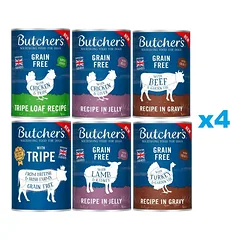 BUTCHER'S Original Mix24x400g skoniai padaže (jautiena, kalakutiena) želė (vištiena, ėriena) paštetas (raugintas, vištiena ir raugintas)