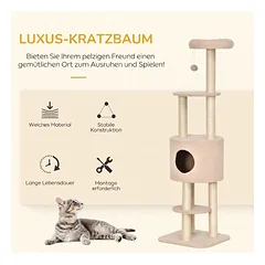 Kačių draskyklė su slėptuve ir žaisliniu kamuoliuku, smėlio spalvos, 148 cm — 4 nuotrauka