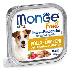 Monge Fruit paštetas ir gabaliukai su vištiena ir avietėmis, drėgnas maistas šunims 100 g parduotuvėje petbaze.lt