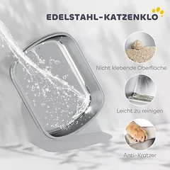 Nerūdijančio plieno kačių tualetas su dangčiu, uždaras, su samteliu, katėms iki 5 kg, 52,4 x 41,3 x 42 cm, baltas — 4 nuotrauka