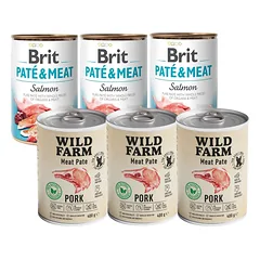 Wild Farm Pate Pork 3x400g pašaro šunims be glitimo + BRIT PATE & MEAT SALMON 3x400g