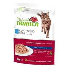 Natural Trainer Cat Tuna visavertis maistas suaugusioms katėms, gabaliukai drebučiuose su tunu, paukštiena ir spanguolių lapų ekstraktu, 85 g nuotrauka