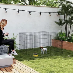 Šuniukų aptvaras iš 8 panelių, 76 cm aukščio, apie 2,5 m², su dugno uždangalu ir kombinuotu stogeliu, juodas — 2 nuotrauka