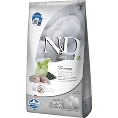 FARMINA N&D White Dog Adult Medium Maxi Sea Bass, Spirulina, Fennel 7 kg + FARMINA N&D White Dental Treat Coat Sea bass Medium/Maxi 100 g (7 vnt) NEMOKAMAI!