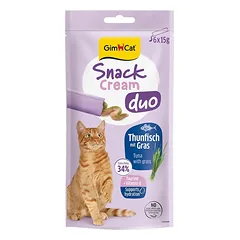 GimCat Snack Cream Duo Tuna & Grass kremas-skanėstas katėms su tunčiu ir žole, 6×15 g