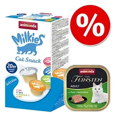animonda kombinuotas rinkinys: 32 x 100 g Vom Feinsten Adult + 20 x 15 g Milkies Selection, drėgnas maistas katėms