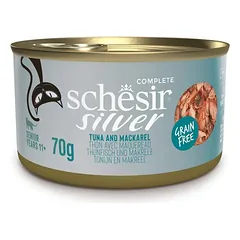 Schesir Silver konservuotas maistas vyresnio amžiaus katėms su tunu ir skumbre, 70g