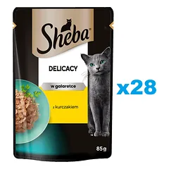 SHEBA Delicacy 28x85 g drėgnas visavertis ėdalas suaugusioms katėms su vištienos gabaliukais drebučiuose