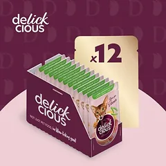 Delickcious™ gabaliukai drebučiuose katėms – ėriena, vištienos filė ir šparaginės pupelės (konservai)