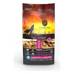 AMBROSIA Junior begrūdis su šviežia vištiena ir lašiša sausas maistas didelių veislių jauniems šuniukams, Fresh Chicken & Salmon 12 kg