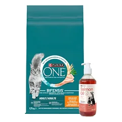 Purina One Adult Chicken & Wheat kačių ėdalas 9,75 kg + LAB V Lašišų aliejus šunims ir katėms 500ml