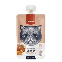 Wanpy mėsos pasta katėms su lašiša, vištiena ir morkomis, 90 g.