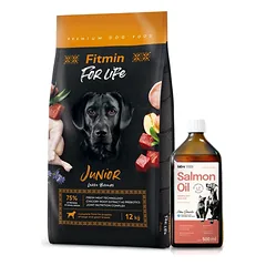 FITMIN For Life Junior Large Breeds 12kg + Lab-V 100% lašišų aliejus įvairaus amžiaus šunims ir katėms 500ml šalto spaudimo