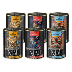 MAU Filet Mix skonių: kalakutiena, jautiena, raudonasis ešerys su violete – 6 x 400 g šlapias kačių maistas