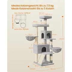 Kačių draskyklė su platforma ir dviem urveliais, pilka, 174 cm — 5 nuotrauka