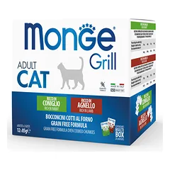 MONGE GRILL MIX  konservuoto pašaro su triušiena ir ėriena suaugusioms katėms rinkinys, 12x85 g
