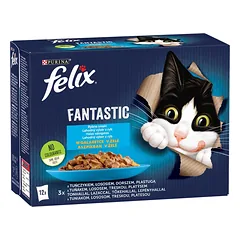 FELIX FANTASTIC Žuvies skonio drebučiuose (tunas, lašiša, menkė, plekšnė) 12x85g drėgnas kačių maistas