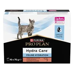 Purina Pro Plan Hydra Care pašaro papildas suaugusioms katėms, padedantis palaikyti pakankamą skysčių suvartojimą, su lašiša, 10x75 g