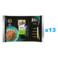 SHEBA Delicacy Fine Flakes Choice of flavours 52x85g drėgno visaverčio ėdalo suaugusioms katėms želė gabaliukais su: lašiša, balta žuvimi, vištiena, kalakutiena