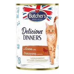 Konservuotas ėdalas katėms - Butchers CAT Delicious Dinners su žvėrienos gabaliukais drebučiuose 400g