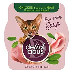 Delickcious vištienos sriuba katėms su kumpiu ir špinatais, 80 g